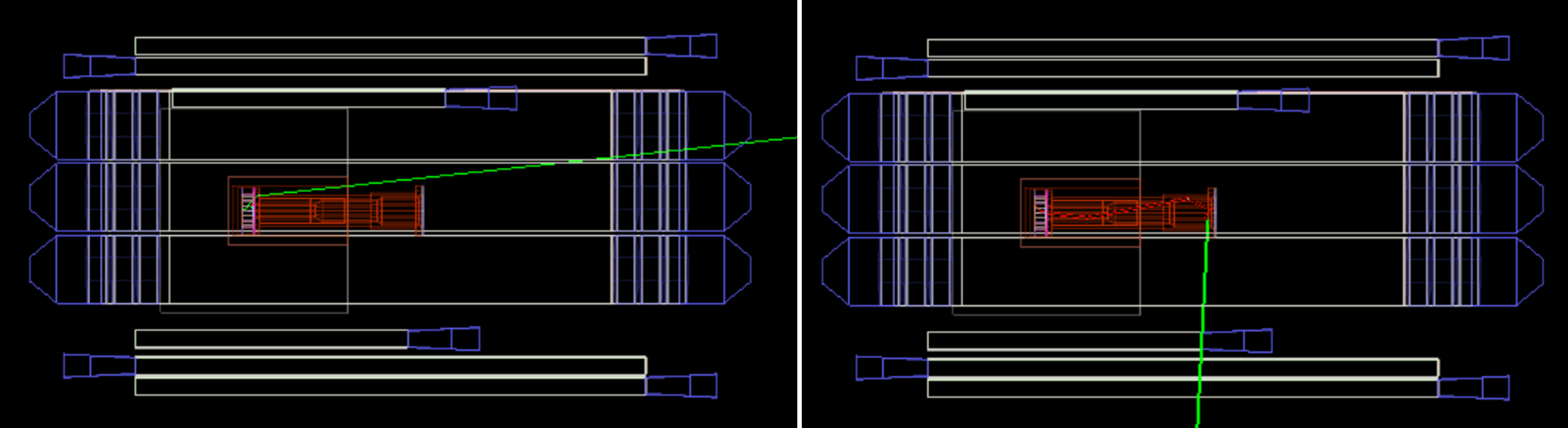 Figure A.12: Representative detector-level environmental-gamma events from the earlier diagnostic campaign. The examples illustrate how MeV photons can enter through shielding openings or nearby structures and produce compact gas ionization through electromagnetic secondaries.