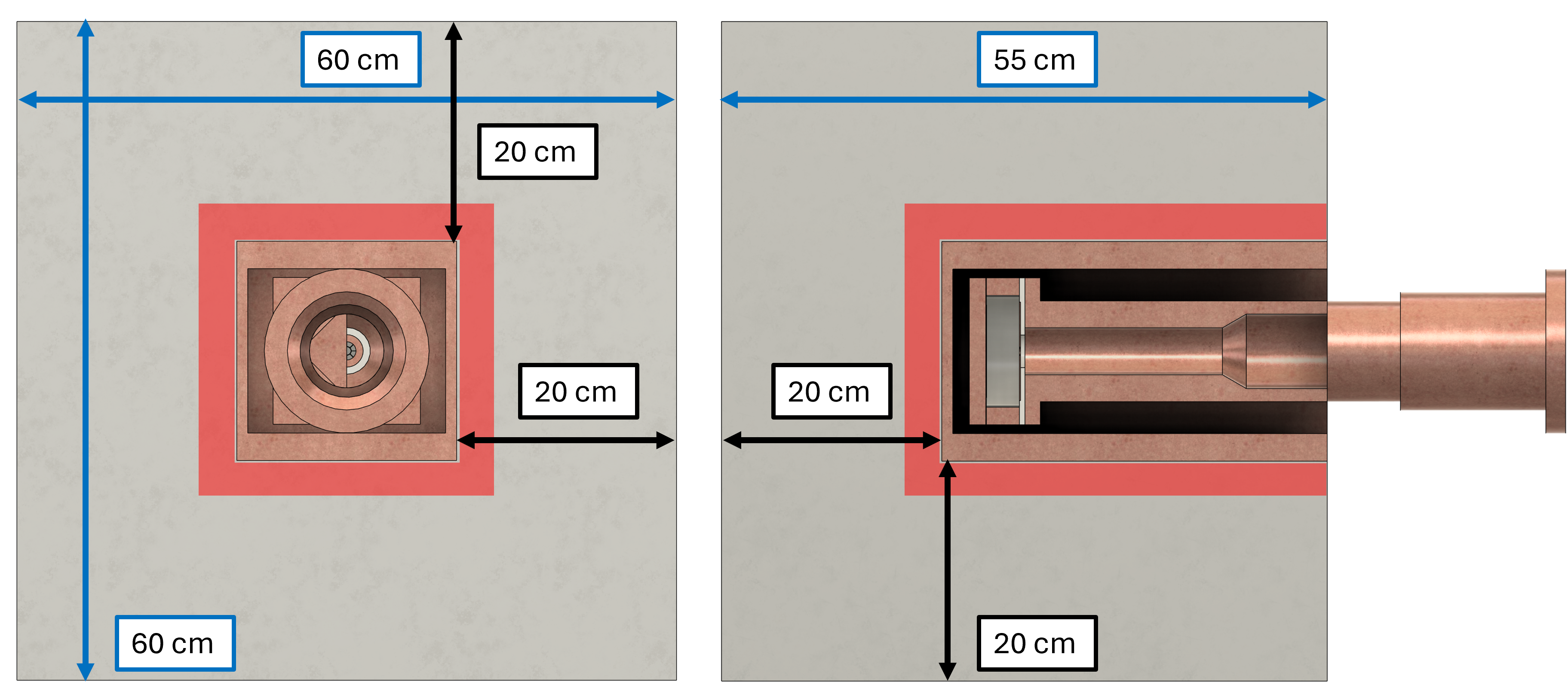 Figure 6.6: Geometry of the detector chamber and lead shielding used for the simulations. The region highlighted in red corresponds to the inner surface of the lead shielding and is the primary generation volume for the simulations. The inner region of the lead shielding is separated from the detector by a layer of copper, shown in the figure.