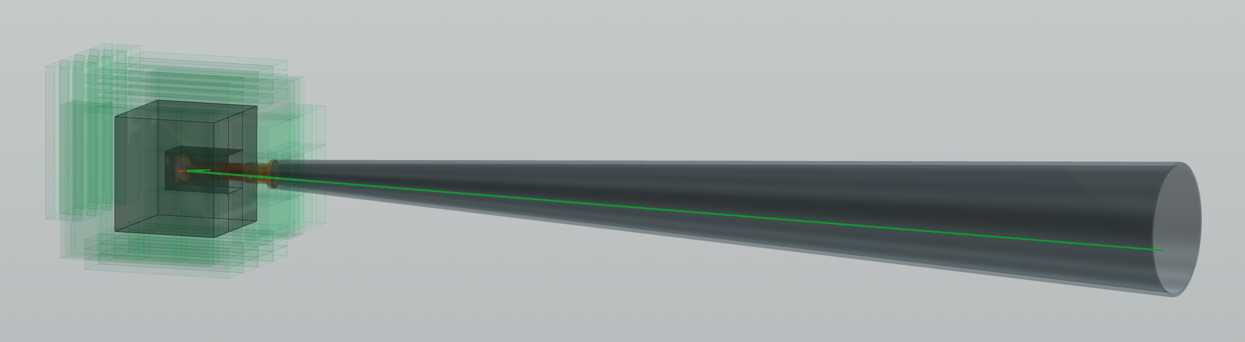 Figure 6.5: Representative telescope-side contamination event displayed with the REST-for-Physics event viewer. The long gray volume indicates the telescope-side pipe or optics line, while the detector chamber, shielding, and veto volumes are rendered only as simplified translucent references for readability. The full transport simulation still uses the detector and veto geometry; this view is intended to show the source topology, namely a photon traveling along the optical axis and producing a low-energy detector response near the Micromegas region.