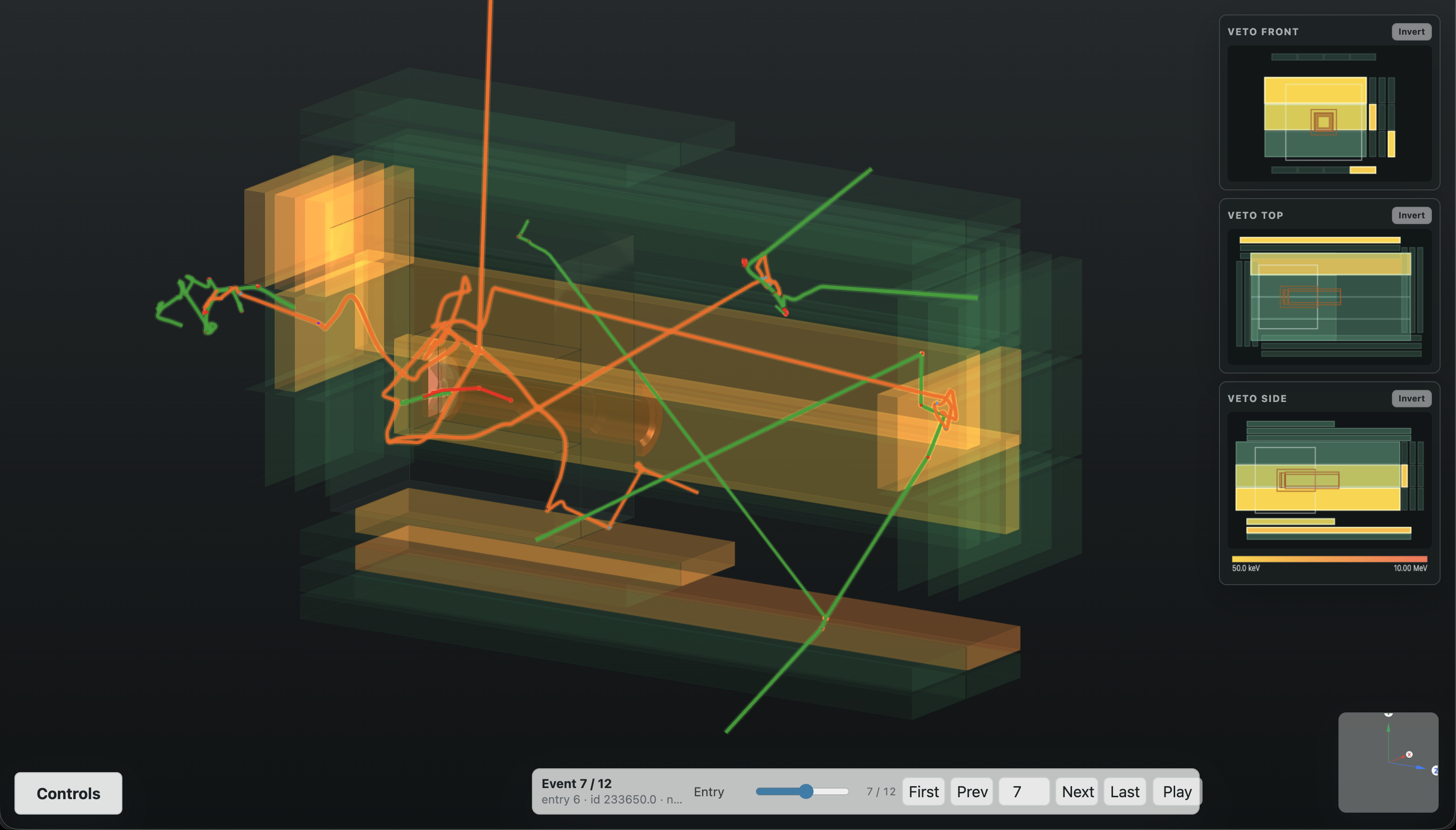 Figure 4.10: Browser-based REST-for-Physics Geant4 event viewer developed during this thesis. The main panel shows the IAXO detector geometry with simulated particle tracks from a cosmic-neutron event and highlighted scintillator panels receiving energy deposits. The four side panels provide compact orthographic veto projections of the front, left, top, and right scintillator groups, with the active detector elements visible at the center.